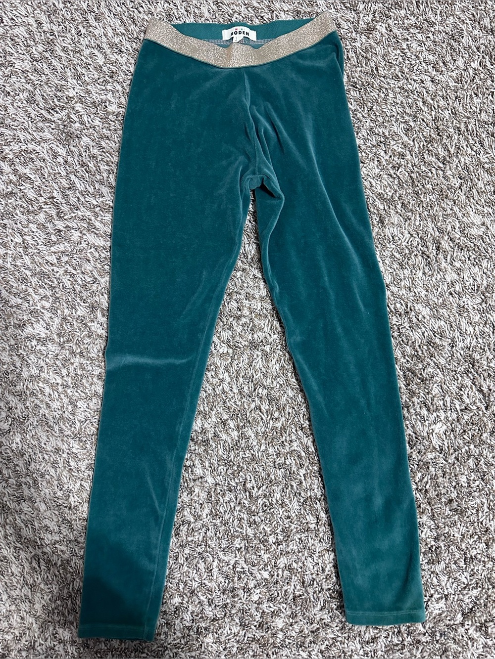 Mini Boden girls Teal Velvet Leggings with Gold Waistband